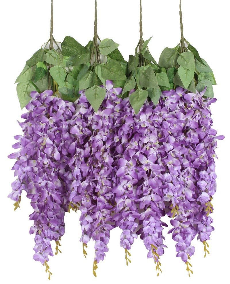 Duovlo Silk Wisteria Flower Artificial 2.13 Feet Hanging Wisteria Vine Fake Flower Bush String Home Party Wedding Decoration,Pack of 4 (Purple) - Image 1